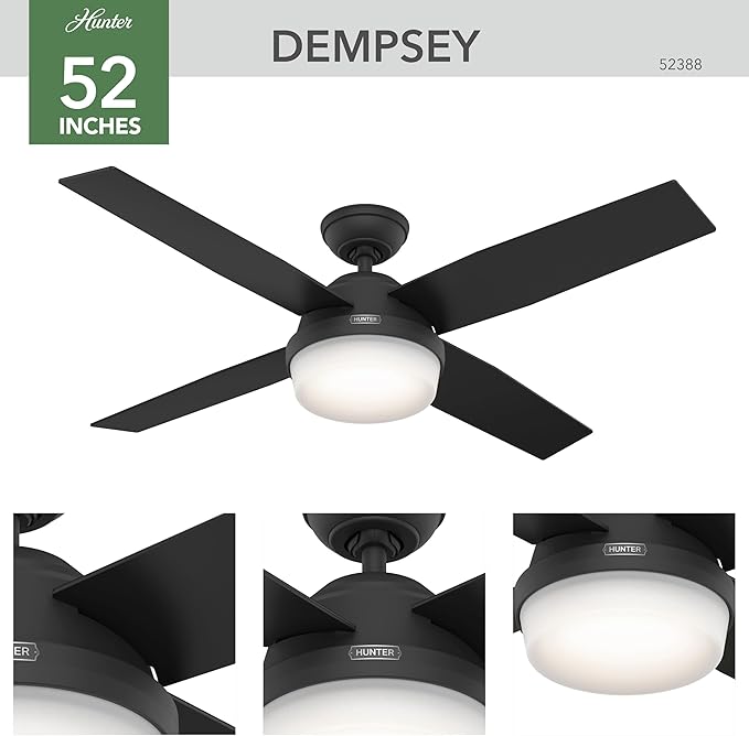 Hunter Fan Company, 52388, 52 inch Dempsey Matte Black Ceiling Fan with LED Light Kit and Handheld Remote