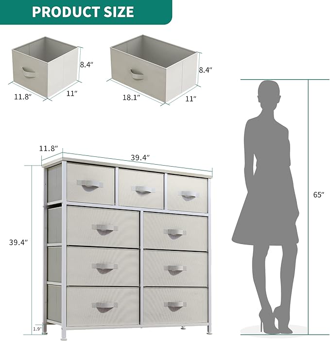 YITAHOME Dresser with 9 Drawers - Fabric Storage Tower, Organizer Unit for Living Room, Hallway, Closets - Sturdy Steel Frame, Wooden Top & Easy Pull Fabric Bins (Cream White)