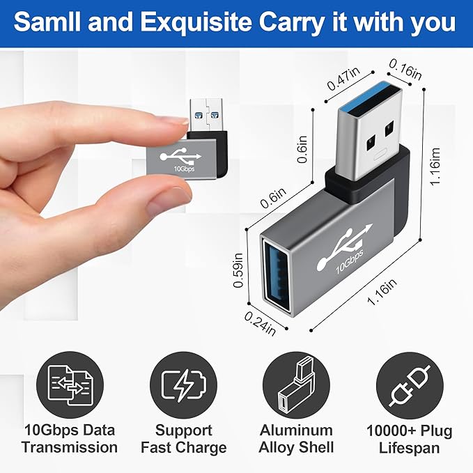 90 Degree USB Adapter 10Gbps,2-Pack Right Angle USB-A Male to Female Connector Converter L-Shape Extender, Support Charge & Data Sync for PC, Laptop, Mouse, Keyboard