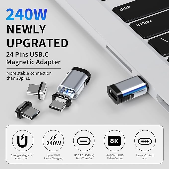 USB-C Adapter 2 Pack, Magnetic Extender, 240W Straight Adapter with 4 Connector Tips, USB4 40Gbps 8K 60Hz Compatible with Thunderbolt 3/4 MacBook Pro/Air Laptop PC