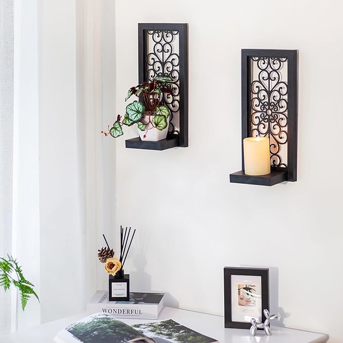 Gothic Candle Sconces Mirror Wall Decor - Black Halloween Art Mirrored Wall Candle Holder Decorative Set of Two Wood Vintage Small Hanging Shelves for Farmhouse Living Room Kitchen Bedroom