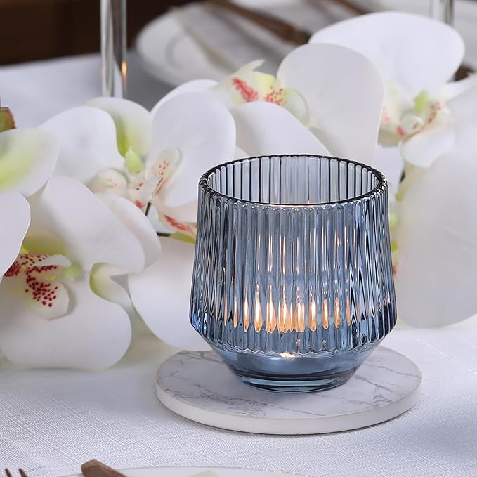 12 Pcs Large Blue Votive Candle Holders- 3.15"×3.15" Ribbed Blue Candle Holders, Blue Tea Lights Candle Holders for Dusty Blue Wedding Decor, Bridal Shower Decorations, Blue Centerpieces for Tables