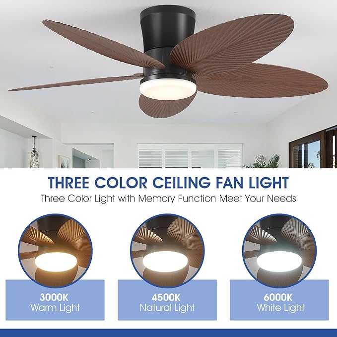 Palm Leaf Ceiling Fans with Lights-42 Tropical Ceiling Fan with Light and Remote/APP Control,Flush Mount Low Profile Ceiling Fans for Bedroom,Indoor/Outdoor Patio Use(Brown)
