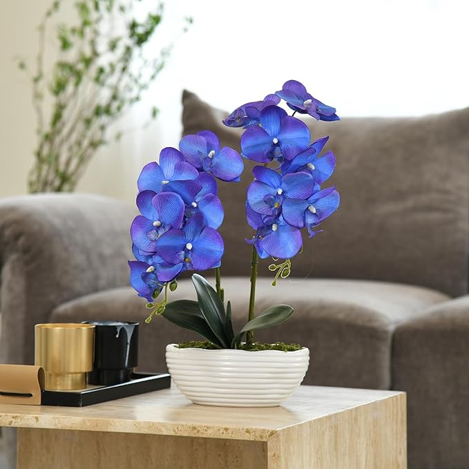 Large Artificial Potted Orchid Plant, Silk Flower Arrangement with Ceramics Vase, Purple Blue