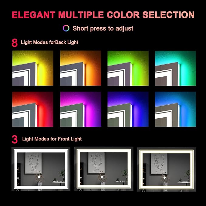 LED Mirror for Bathroom, 40"X36" with 8 RGB Backlit +3 Front Lit (Adjustable Individually), Anti-Fog, Lighted Bathroom Vanity Mirror for Wall, Shatterproof, Memory Function, Tempered Glass