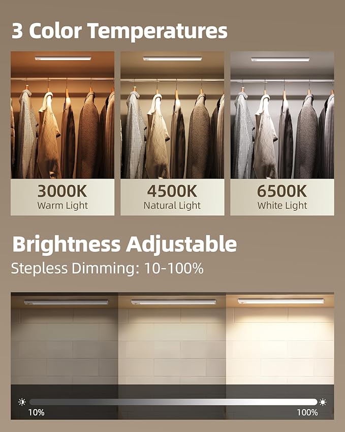 Under Cabinet Lighting Wireless,Rechargeable Battery Motion Sensor Light Indoor,LED Closet Lights USB Charging,3 Color Dimmable Under Cabinet Lights for Kitchen, Cabinet, Wardrobe (3 Pcs) 8inch