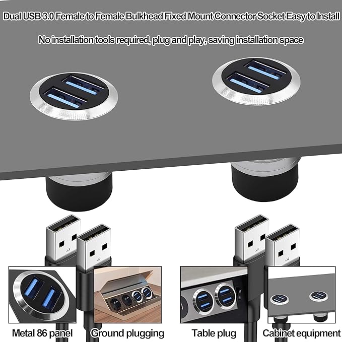 Dual USB 3.0 Panel Mount Adapter USB Type A Dual Female to 2 Female Coupler Threaded Fixed Bulkhead Mount Embedded Round Pass Though Connector for Data Transfer/Charging -Silver (Round)