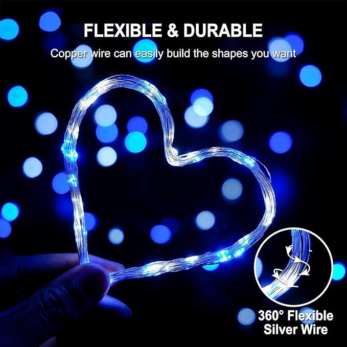 JMEXSUSS 2 Pack 100 LED Blue and White Fairy Lights Battery Operated, 33ft Blue and White Christmas Lights with Remote, 8 Modes Battery Powered Twinkle String Lights for Bedroom Christmas Tree Decor