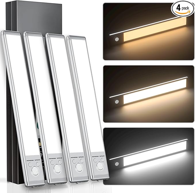 Under Cabinet Lights,88 LED Operated Motion Sensor Light Indoor,2200mAh USB Rechargeable Closet Lights, 4 Pack Magnetic Dimmable Closet Lights，Wireless Under Counter Lights for Kitchen, Stairs
