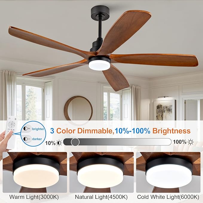 BOJUE 60 Inch Ceiling Fans with Lights and Remote Control, Modern Ceiling Fan with Light for Bedroom, Noiseless DC Motor, Dimmable Led 5 Solid Wood Blades