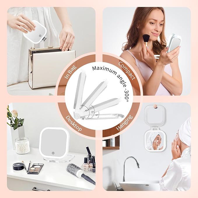 FASCINATE 10X Magnification Compact Travel Makeup Mirror with Lights and Magnification, 3.5 inch Portable 1X/10X Magnifying Mirror with 3 Color Light, Folding, Handheld (White)