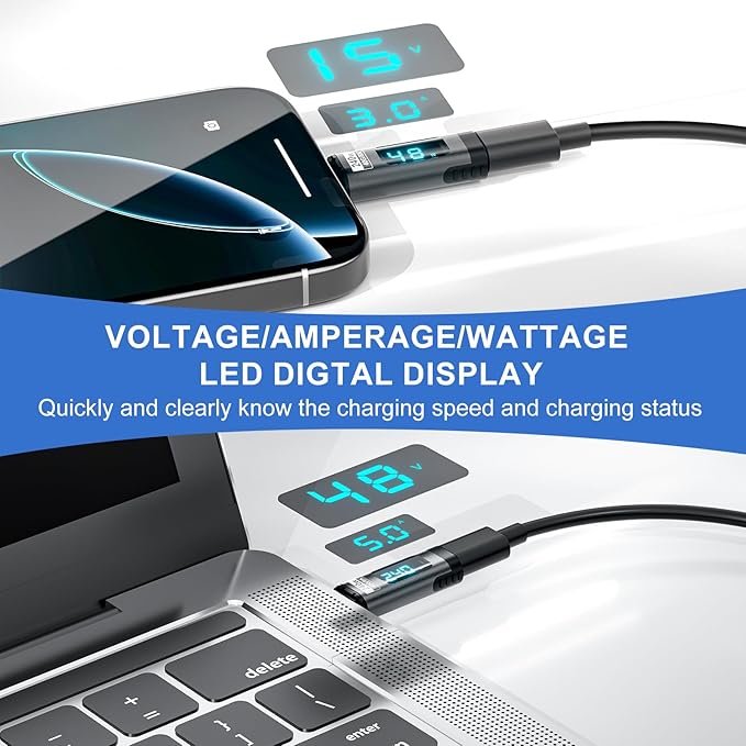 Digital Display USB C Magnetic Adapter PD240W 24Pin(2 Pack) with Voltage Current Power LED Display, Type C Power Meter Tester Straight USBC 4 40Gbps 8K 60Hz for Thunderbolt 3/4, MacBook Pro/Air