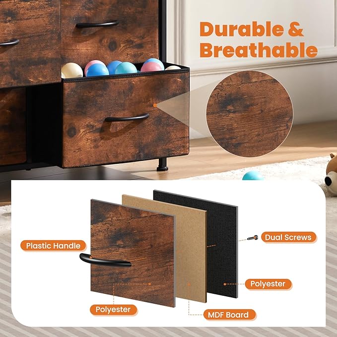 Sweetcrispy Dresser for Bedroom with 8 Storage Drawers, Large Fabric Storage Tower Organizer, Chest of Drawers with Metal Frame Wooden Top for Nursery, Closet, Living Room, Entryway, Rust Brown