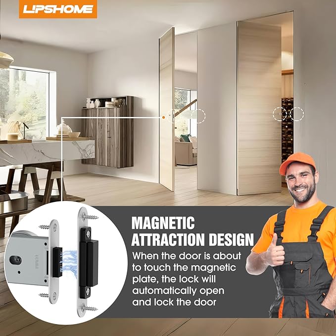 Magnetic Auto-Lock Invisible Door Lock - Single-Sided Hidden Design, Hidden Handle & Mini Keyhole, Aluminum Alloy for Bookshelf Doors/Invisible Doors/Secret Rooms (1, Silver)