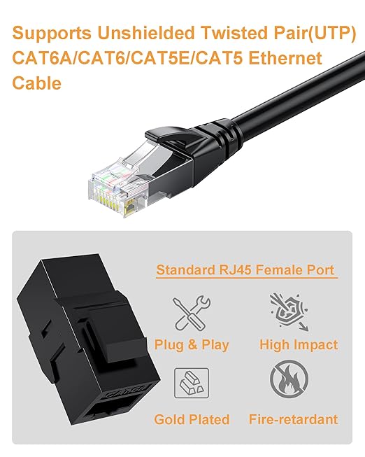20 Pack CAT6A RJ45 Keystone Couplers, Ethernet Keystone Jack Female to Female RJ45 Couplers UTP for Cat6a/Cat6/Cat5e/Cat5 Network Cable Black