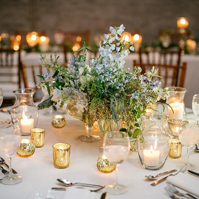 Gold Votive Candle Holders 12Pcs Assorted Gold Mercury Glass Votives Tealight Candle Holders for Table Centerpiece Wedding Bridal Shower Engagement Party Festival Holiday Home Decor