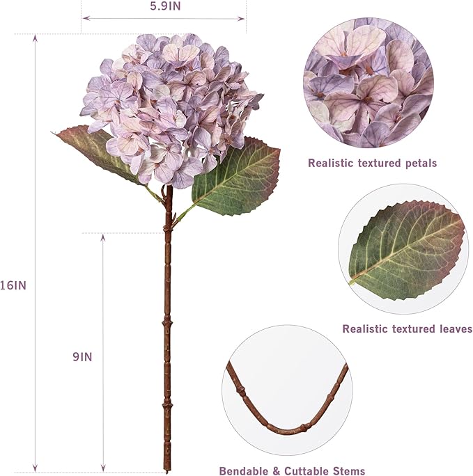 Artificial Flower Fake Silk Hydrangea Heads Bouquet With Stems Bulk for Fall Decoration Table Center Christmas Indoor Outdoor Faux Floral Realistic With Leaves Plants Crafts 8PCS(Pale Purple)