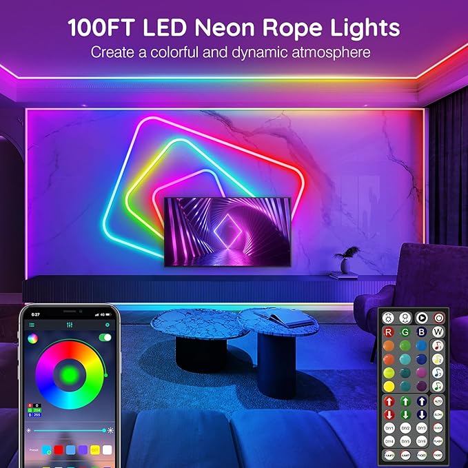 AILBTON 100Ft Neon Rope Lights,Flexible Led Rope Lights Control with App/Remote,Multiple Modes Music Sync Gaming RGB Led Neon Lights for Bedroom Outdoor