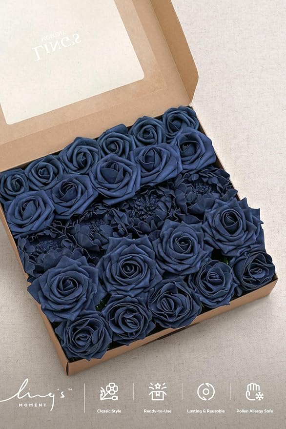 Ling's Moment Artificial Flowers Fake Roses Faux Foam Peony Combo for DIY Wedding Bouquets Centerpieces Arrangements Bridal Shower Party Home Decorations, Navy Blue, 24pcs
