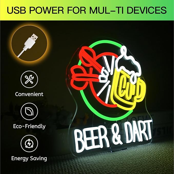 Beer & Dart Neon Sign – Fun Bar Wall Light with Dartboard and Beer Mug Design LED Decor for Game Room, Pub, or Man Cave, USB Powered, 5V/2A，Dimmable