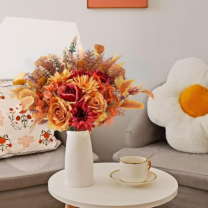 2 Pcs Artificial Fall Flowers Bouquet for Decoration, Fall Fake Silk Flower Arrangement Faux Autumn Flowers Fall Decorations for Home Indoor Office Wedding Bride Bouquets Table Centerpieces Fall Decor