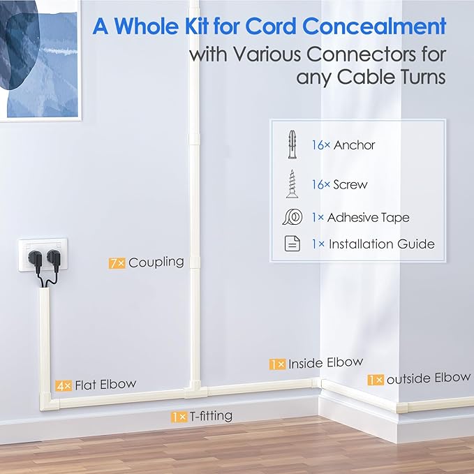 Yecaye 125in Cord Hider, Large Cord Covers for Wires on Wall, Cable Management Kit for Mount TVs, Wire Hider Cable Concealer for Home Office, W1.18in H0.6in, Beige