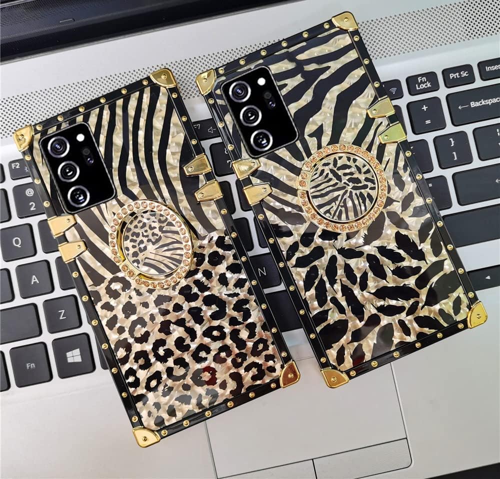 Samsung Galaxy A52 Trunk Case, Cute Leopard Pattern Gold Glitter Bling Soft Cover with Finger Ring Grip Kickstand