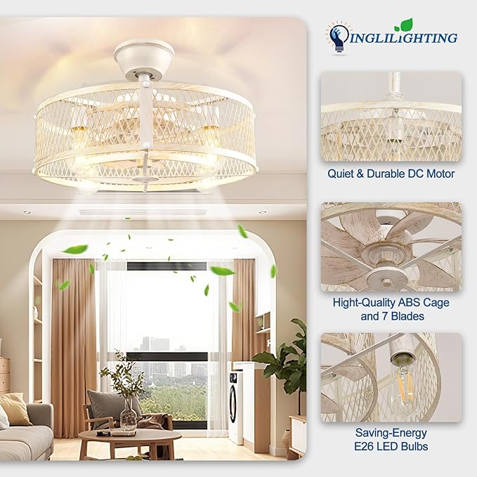 DLLT Caged Ceiling Fan with Lights: 20" Farmhouse Fandelier with Light and Remote - Cement Industrial Chandelier Fan Light for Bedroom Living Dining Room Kitchen