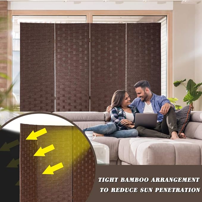 FDW Room Divider 4 Panel mesh Woven Design Room Divider Wooden Folding Portable partition Screen Wood for Home, Brown