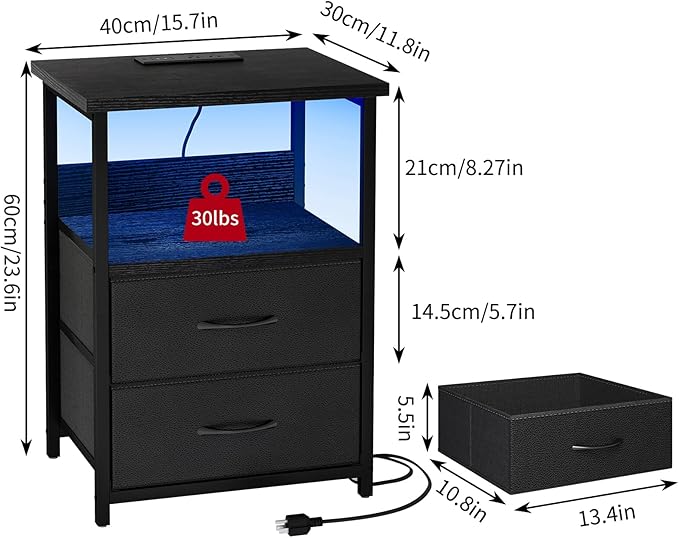 Fixwal Nightstand Set of 2 Night Stand with Charging Station, LED Nightstand with Fabric Drawers, End Table with PU Finish, Bed Side Table, Black