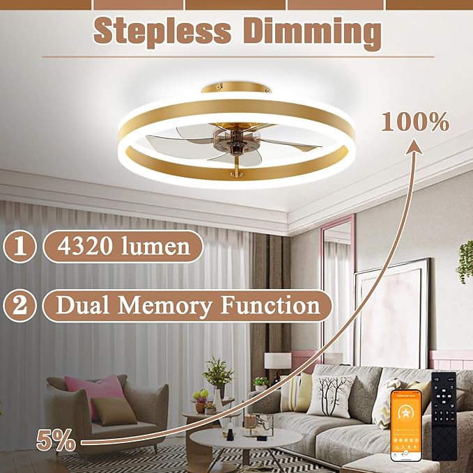 VOLISUN Low Profile Ceiling Fans with Lights and Remote, 19.7in Flush Mount Ceiling Fans with Light, 3000K-6500K Dimmable Fandelier LED Fan Light, Gold Bladeless Ceiling Fans with Lights for Bedroom