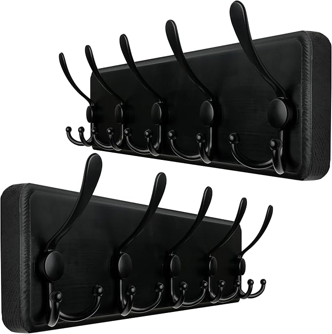 WEBI Rustic Coat Rack Wall Mount,Wood Coat Hooks Wall Mounted Coat Hanger,16" Hole to Hole,Hook Rack Rail,5 Triple Hooks for Hanging Coats,Hats,Jacket,Clothes,Entryway,Black,2 Packs