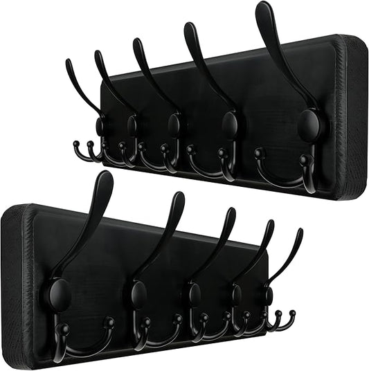 WEBI Rustic Coat Rack Wall Mount,Wood Coat Hooks Wall Mounted Coat Hanger,16" Hole to Hole,Hook Rack Rail,5 Triple Hooks for Hanging Coats,Hats,Jacket,Clothes,Entryway,Black,2 Packs