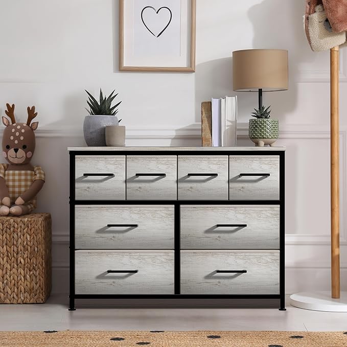 Sorbus Dresser with 8 Faux Wood Drawers - Chest Organizer Unit with Steel Frame Wood Top & Handle Easy Pull Fabric Bins for Clothes - Large Storage Furniture for Bedroom Hallway, Living Room & Closet