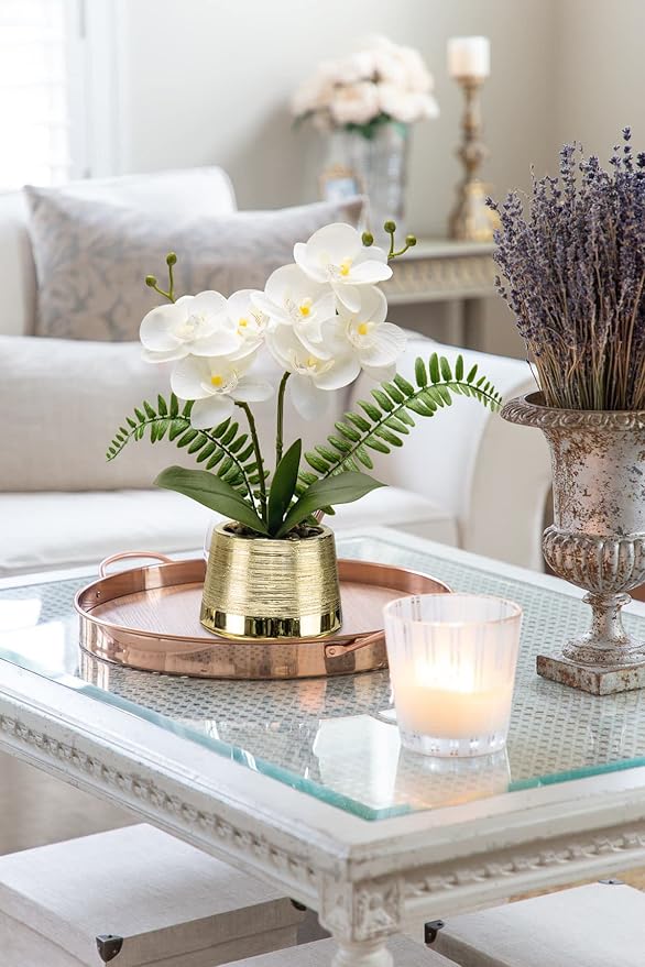 Oairse White Orchids Artificial Flowers in Gold Pot Faux Phaleanopsis Orchid Bonsia Fake Orchid Centerpiece for Dining Room