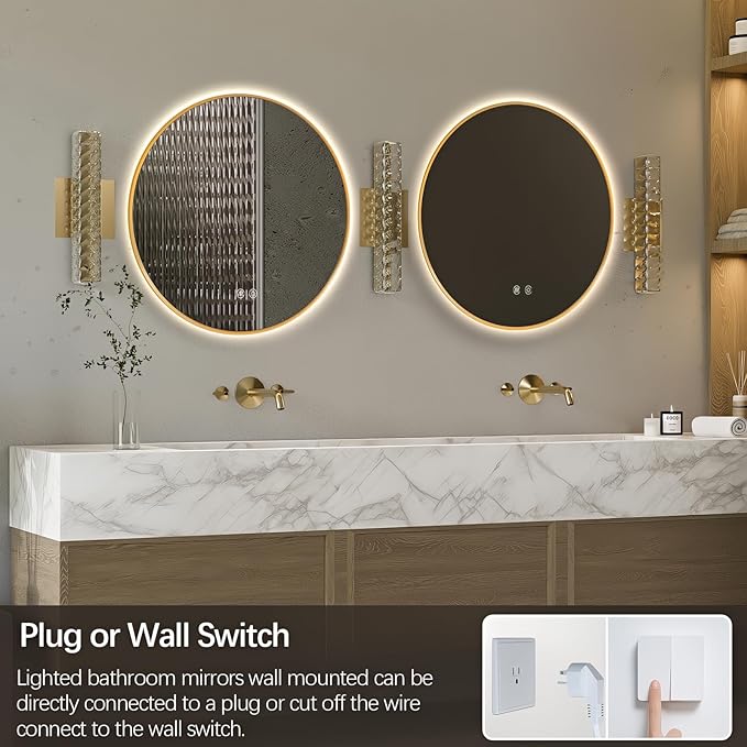 Niccy Round Led Mirror for Bathroom, 24" Backlit Mirror for Wall Circle Lighted Mirror with Gold Frame Anti-Fog, 3 Colors, HD Glass and IP65 Waterproof