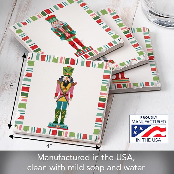 Thirstystone Holiday Nutcrackers 4 Pack Assorted Tumbled Tile Stone Coasters with Protective Cork Backing 4" Square Manufactured in The USA