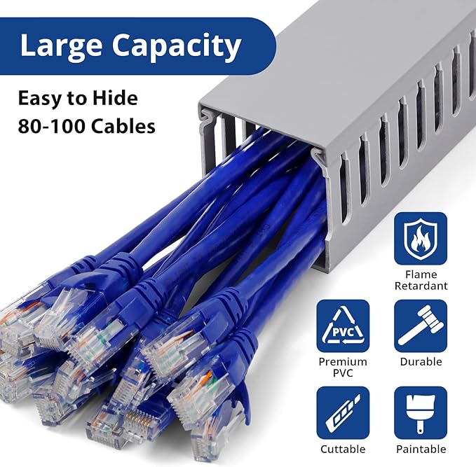 ZhiYo 3x3in Cable Raceway, 6.6FT(2xL3.3FT) Large Wire Tray, Cord Hider for Network Cable Management, Wire Covers for Cords Computer Under Desk, Cord Cover Wall Cable Hider Cable Cover, Gray