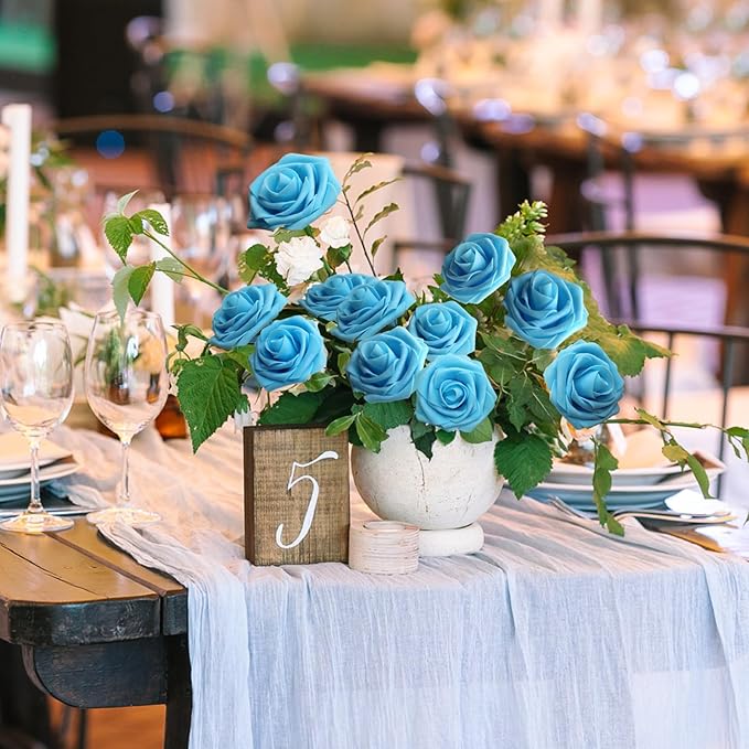 JOYLEX 100Pcs Light Blue Artificial Flowers Realistic Roses, Real Looking Fake Roses with Stem for DIY Wedding Bouquets Centerpieces Bridal Shower Party Home Romantic Decorations (Light Blue, 100pcs)