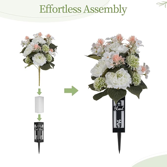 White Artificial Flowers for Cemetery: 2 Pcs Peony Grave Flower Bouquets for Cemetery Decorations - Outdoor Gravesite Flowers with Vase