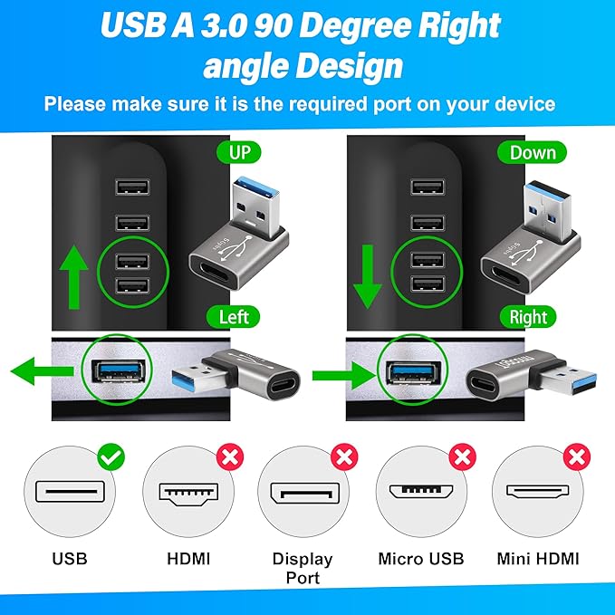 Right Angle USB A 3.0 Male to USB C Female 4 Pack