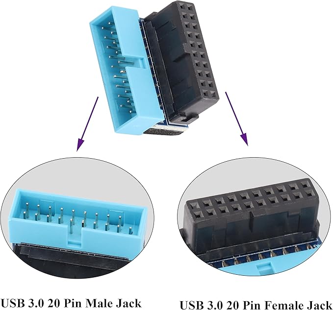 2 Pack Down Right Angle USB 3.0 19-pin Connector 90 Degree 19Pin/20Pin 3.0 USB Female to Male Extension Power Adapter Board for Desktop Motherboard Internal Header Adapter(Down/Blue-20Pin)