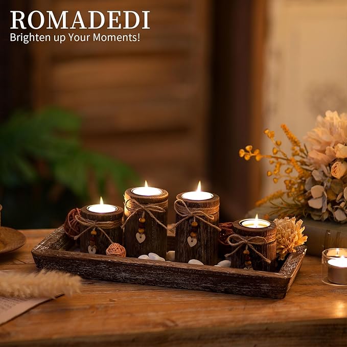 Farmhouse Coffee Table Decor Candle Holder - Romadedi Boho Wooden Tray with 4 Tealight Candles Holders for Tables Centerpiece Home Decorations Living Room Fireplace Kitchen