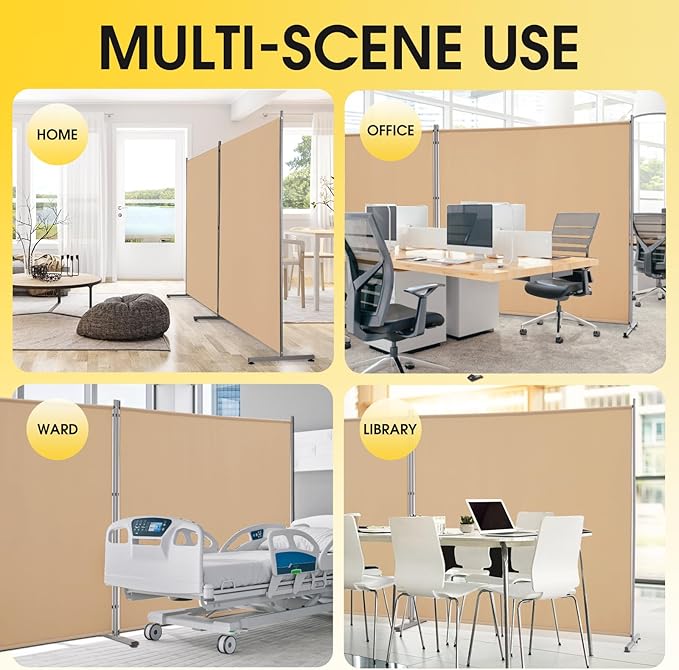 Rantila 2 Large Panels Room Divider,Portable Office Divider,Convenient Movable,Folding Partition Privacy Screen for Bedroom,Dining Room, Study,142" W x 71" H,Beige