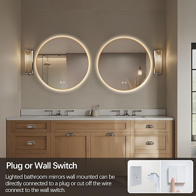 Niccy Round Led Mirror for Bathroom, 28" Backlit Mirror for Wall Circle Lighted Mirror with Gold Frame Anti-Fog, 3 Colors, HD Glass and IP65 Waterproof