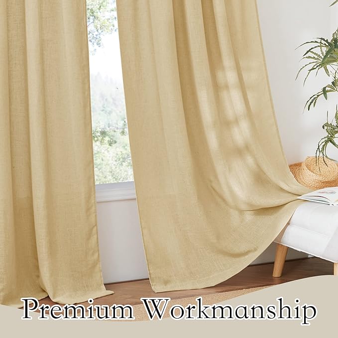 RYB HOME Sheer Curtains 108 inches Long, Linen Textured Wave Semi Sheer Privacy Curtains for Bedroom Living Room High Ceiling Window Decor, Sand, W 52 x L 108, 1 Pair