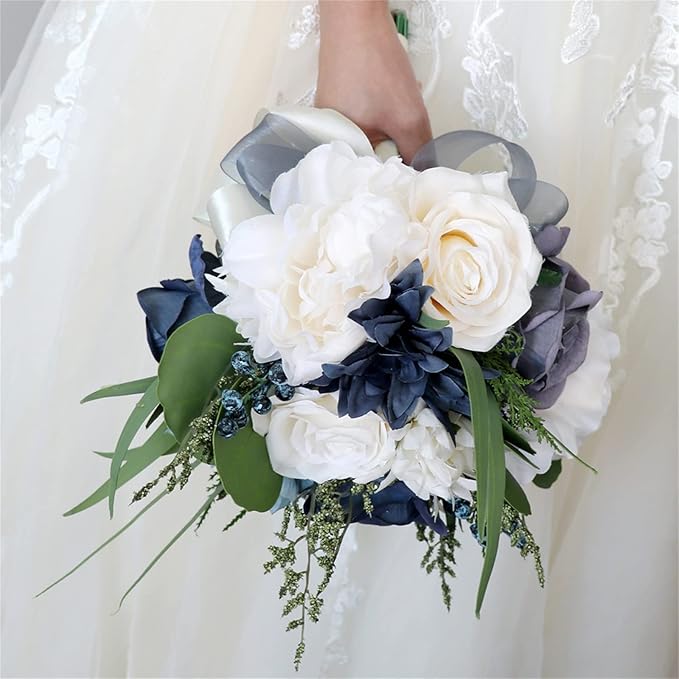 Wedding Bouquet Artificial Navy Blue Roses Flower Bride Bridal Bouquets Handmade Silk Flower Wedding Bride Bouquets for Church Party Home Decoration (Navy Blue)