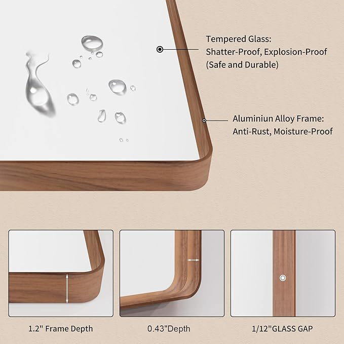 LOAAO 77X36 Inch Bathroom Mirror with Wood Grain Colored Metal Frame, Rounded Rectangle Metal Framed Bathroom Mirror, Anti-Rust, Hangs Horizontally or Vertically, Tempered Glass