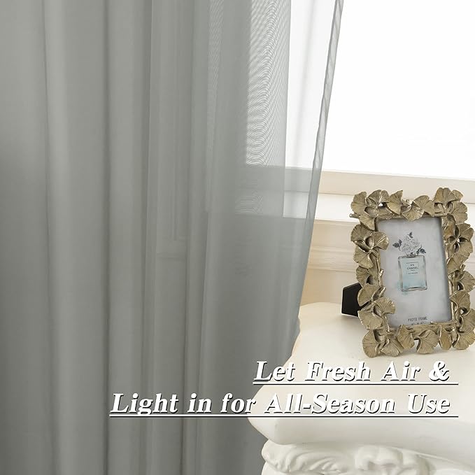 HUTO 2 Pieces Sage Grey Sheer Window Curtains Panels for Bedroom Rod Pocket Window Sheer Curtains Drapes 52 by 72 Inches Long for Living Room