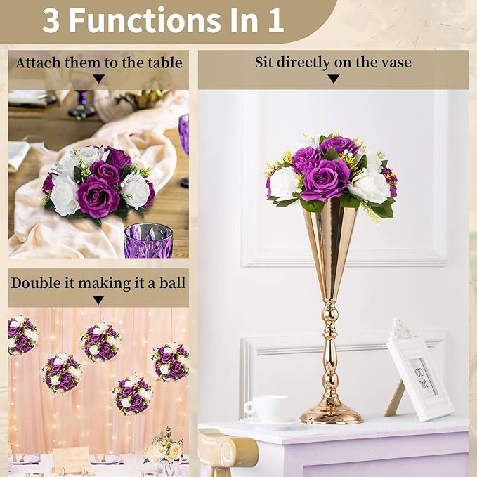 NUPTIO Pcs of 6 Fake Flower Ball Arrangement Bouquet,15 Heads Plastic Roses with Base, Suitable for Our Store's Wedding Centerpiece Flower Rack for Parties Valentine's Day Home Décor (Purple & White)